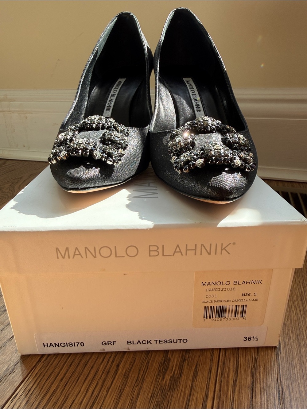Manolo Blahnik Hangisi 70MM Crystal-Embellished Satin Pumps (Black) - Picture 5 of 5